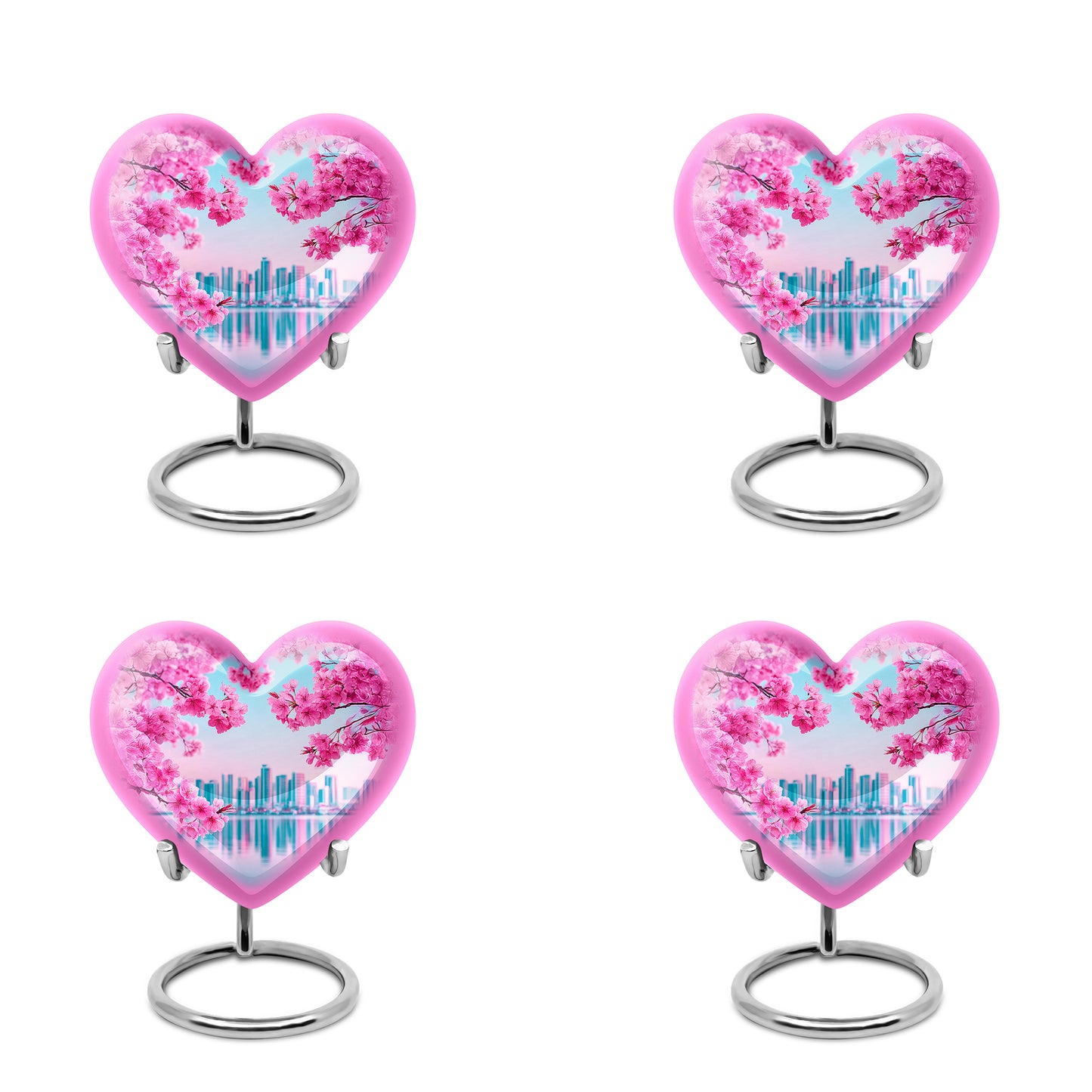 Aqua Teal Cherry Blossom Cremation Urn angled view of lid and engraved motif - romantic heart urn with cherry blossom motif on aluminum - 10 inch aluminum urn for cremated remains