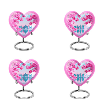 Aqua Teal Cherry Blossom Cremation Urn angled view of lid and engraved motif - romantic heart urn with cherry blossom motif on aluminum - 10 inch aluminum urn for cremated remains