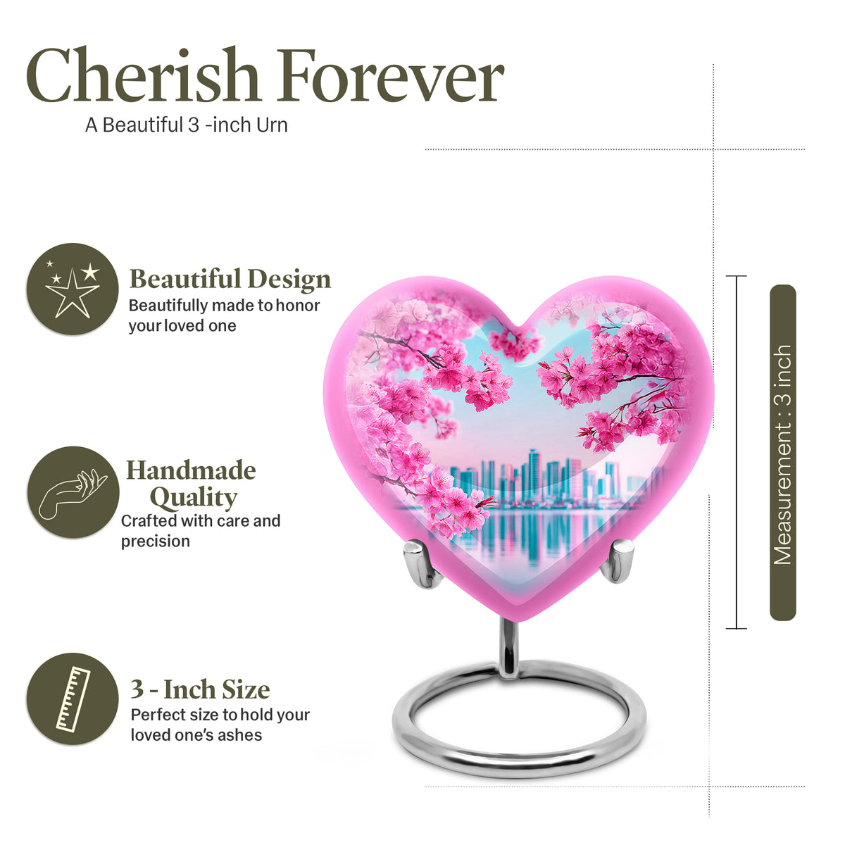 Cool Teal Cherry Blossom Cremation Urn front view showing detailed design - heart-shaped cherry blossom design symbolizing eternal love - mini keepsake memorial for portion of cremation ashes