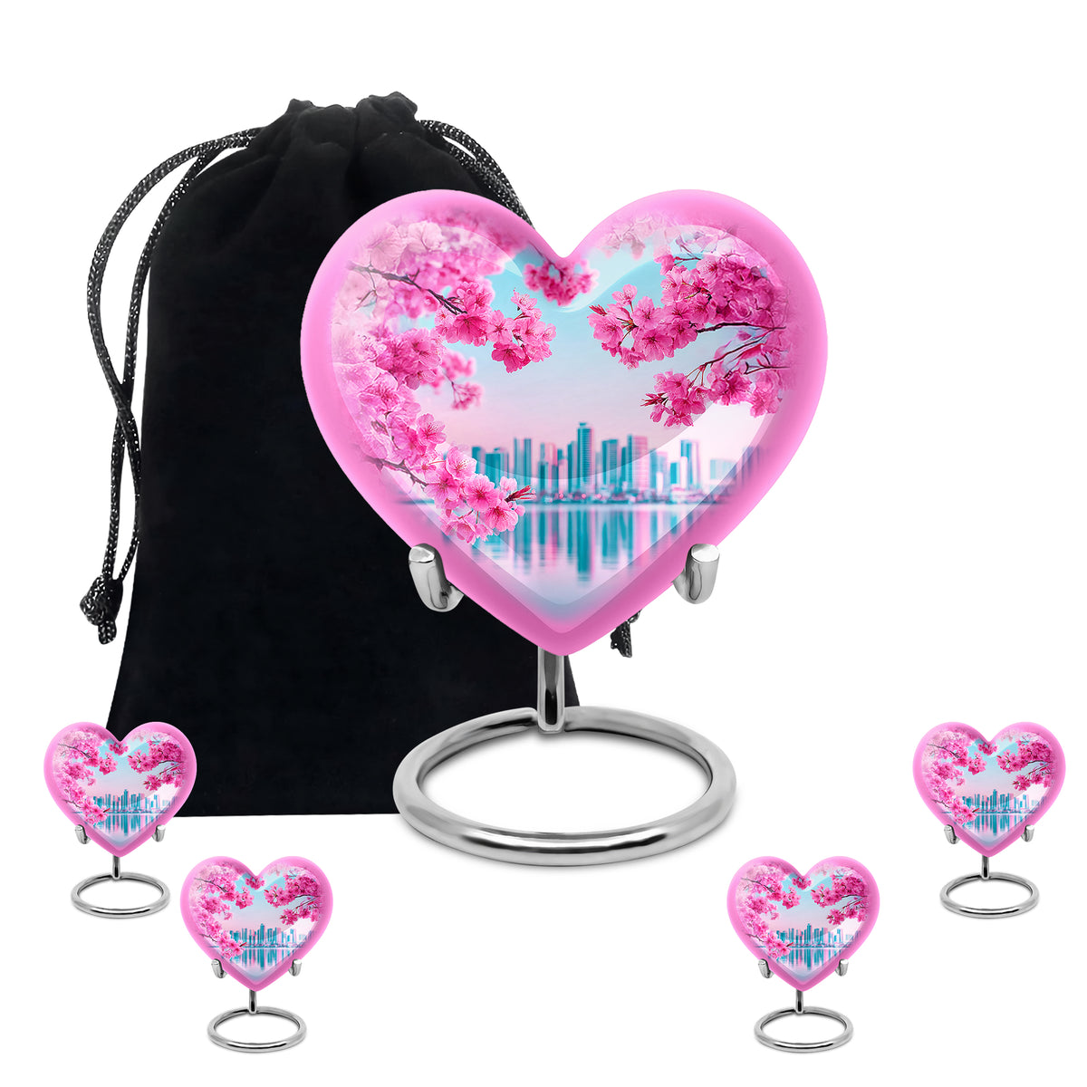 Jewel Teal Cherry Blossom Cremation Urn close-up of engraving and surface detail - heart-shaped cherry blossom design symbolizing eternal love - memorial set with one large and four small urns