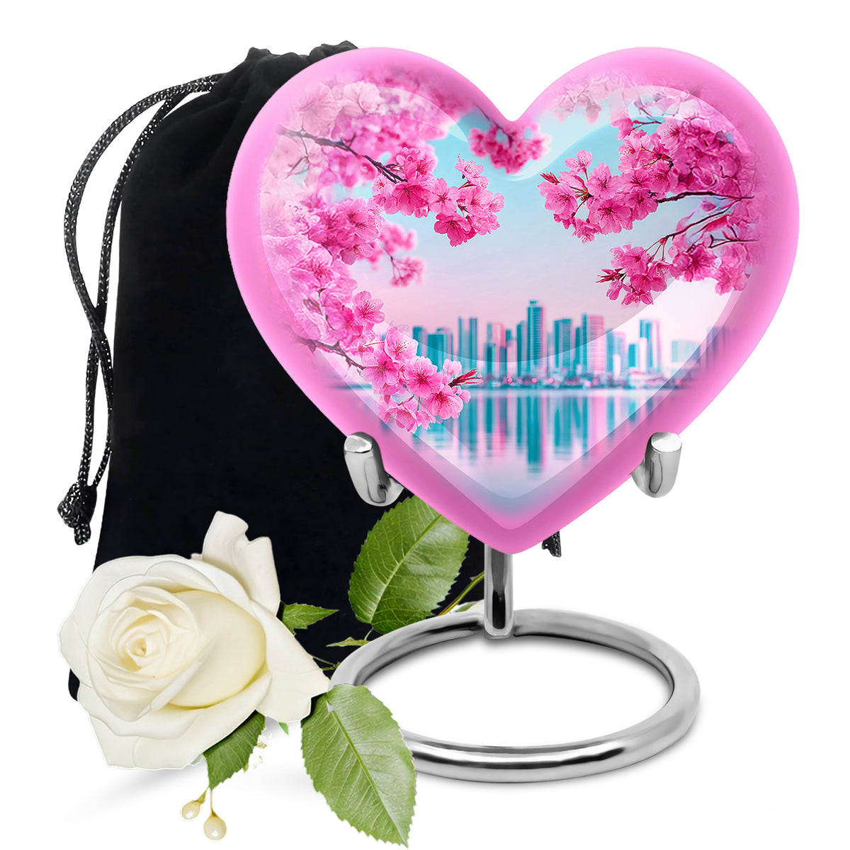Mystic Teal Cherry Blossom Cremation Urn detail view - compassionate heart-cherry blossom combination with gentle curves - full-size 10 inch 200 cubic inch adult cremation urn