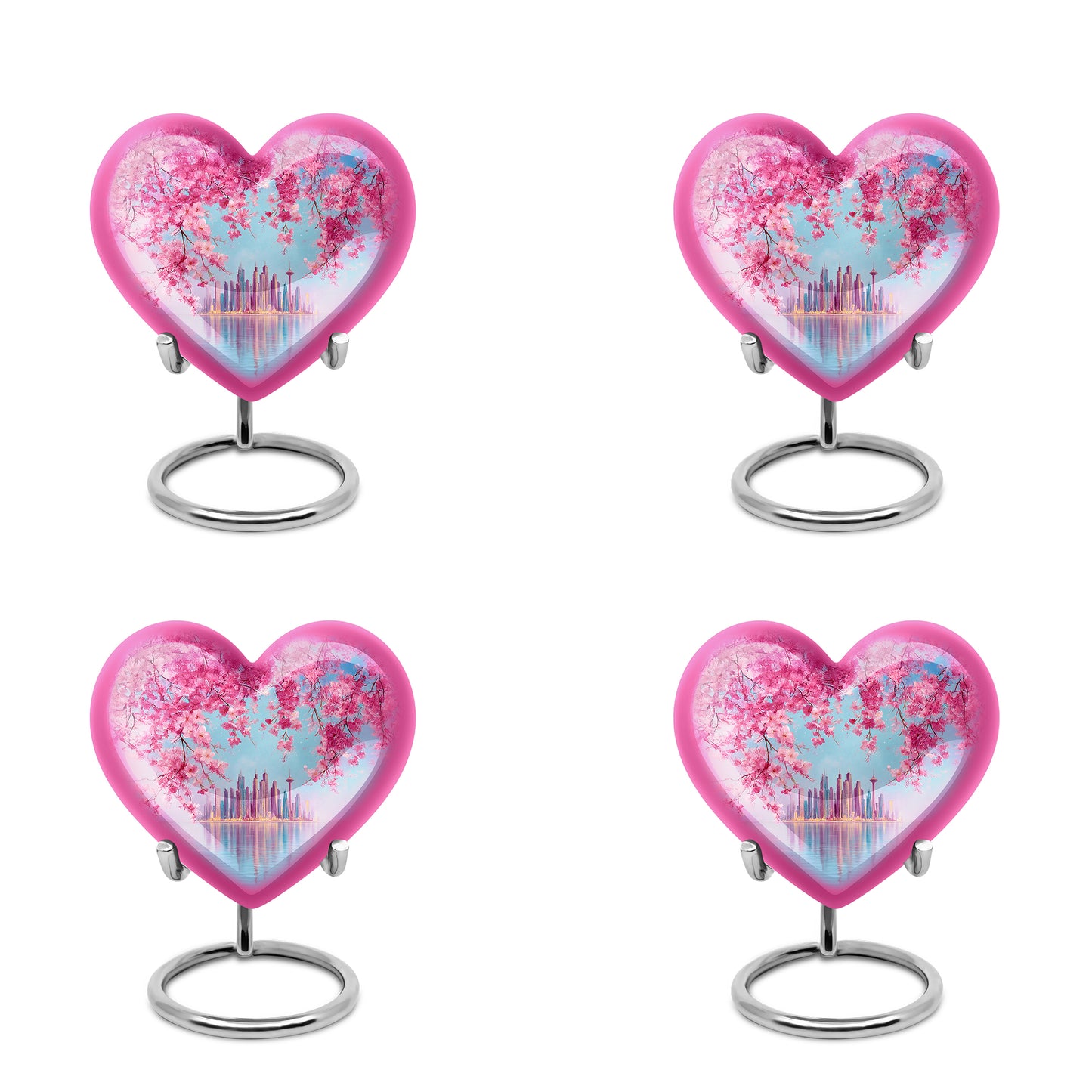 Azure Cherry Blossom Cremation Urn angled view of lid and engraved motif - heart-shaped cherry blossom design symbolizing eternal love - 10 inch aluminum urn for cremated remains