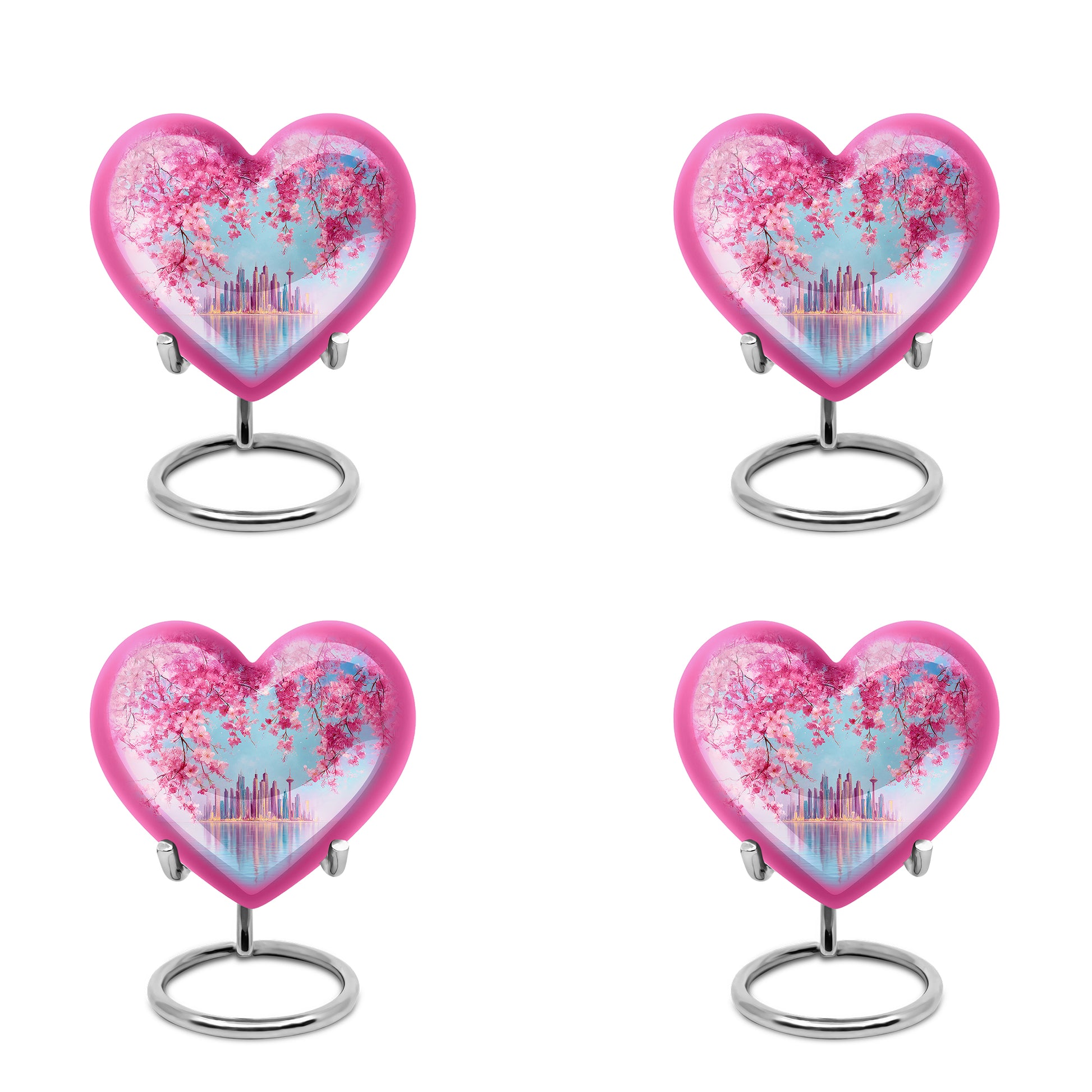 Azure Cherry Blossom Cremation Urn angled view of lid and engraved motif - heart-shaped cherry blossom design symbolizing eternal love - 10 inch aluminum urn for cremated remains