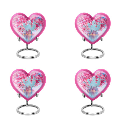 Azure Cherry Blossom Cremation Urn angled view of lid and engraved motif - heart-shaped cherry blossom design symbolizing eternal love - 10 inch aluminum urn for cremated remains