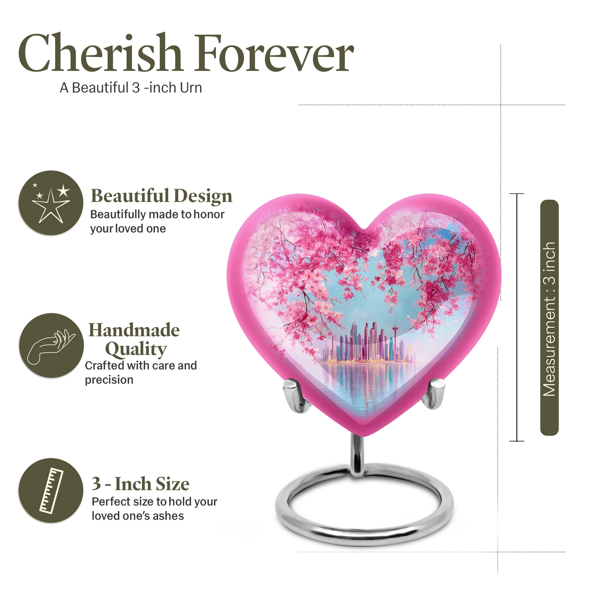 Twilight Blue Cherry Blossom Cremation Urn front view showing detailed design - compassionate heart-cherry blossom combination with gentle curves - mini keepsake memorial for portion of cremation ashes