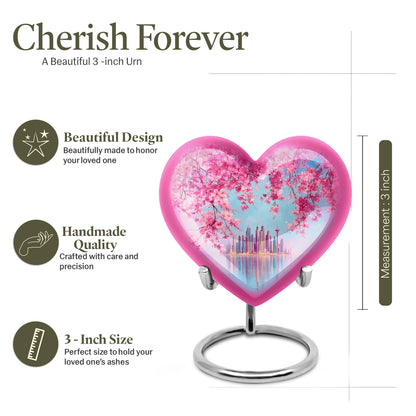 Twilight Blue Cherry Blossom Cremation Urn front view showing detailed design - compassionate heart-cherry blossom combination with gentle curves - mini keepsake memorial for portion of cremation ashes