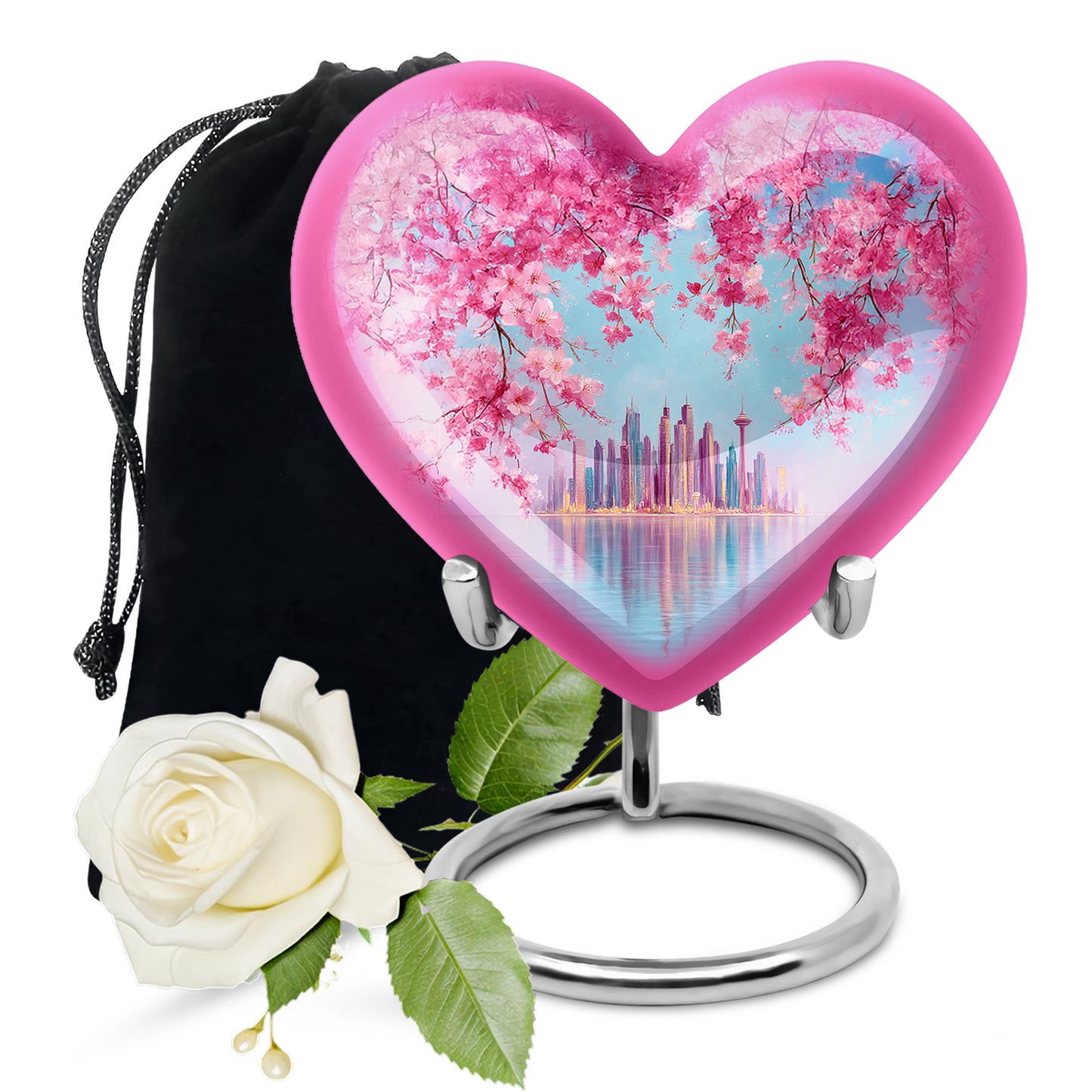 Soft Blue Cherry Blossom Cremation Urn detail view - romantic heart urn with cherry blossom motif on aluminum - full-size 10 inch 200 cubic inch adult cremation urn