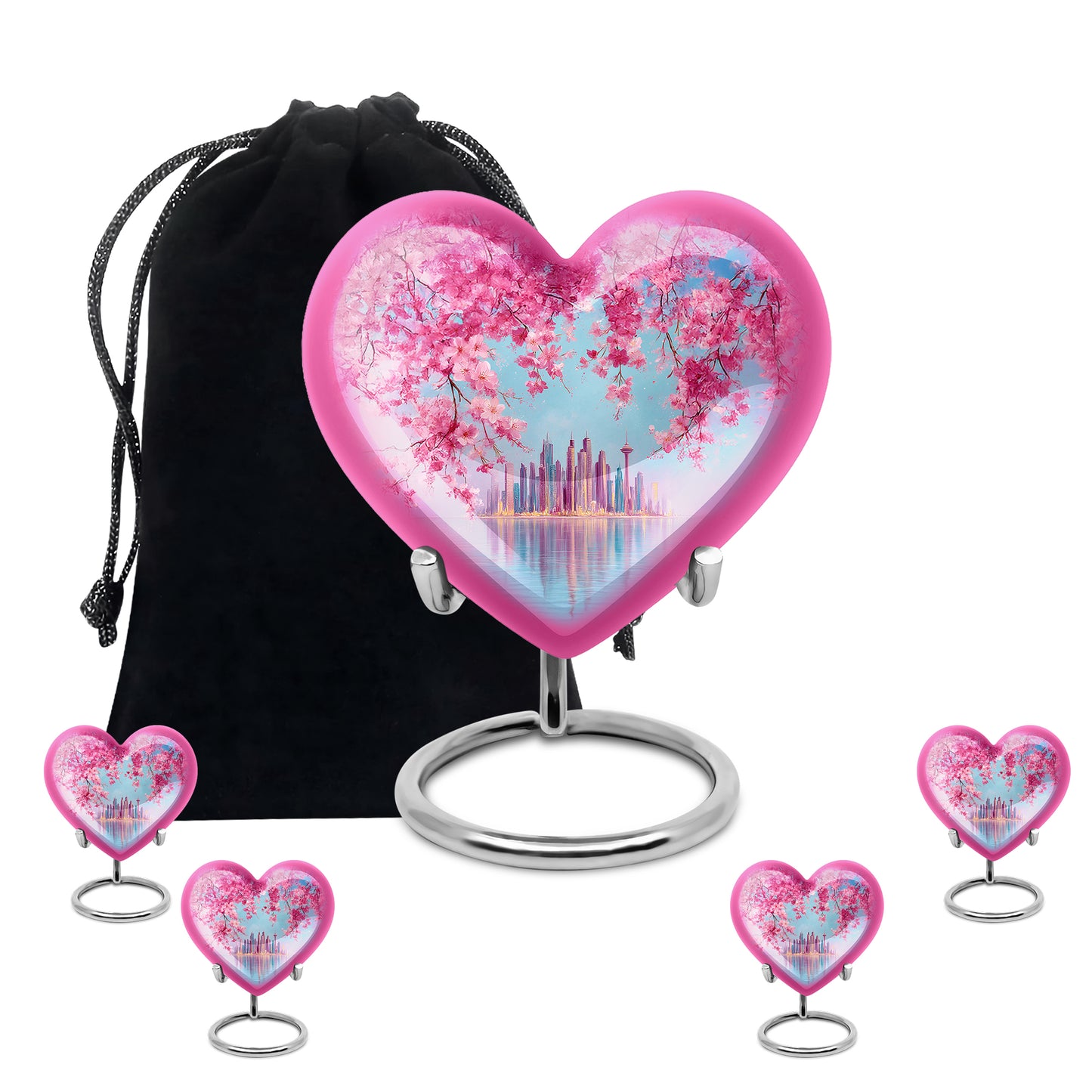 Sapphire Blue Cherry Blossom Cremation Urn close-up of engraving and surface detail - romantic heart urn with cherry blossom motif on aluminum - memorial set with one large and four small urns