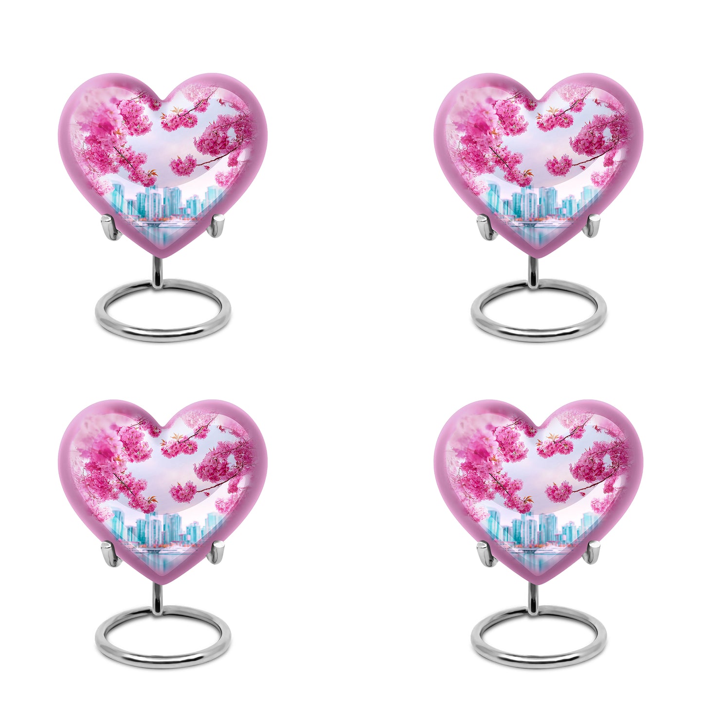 Soft Pink Cherry Blossom Cremation Urn angled view of lid and engraved motif - romantic heart urn with cherry blossom motif on aluminum - 10 inch aluminum urn for cremated remains