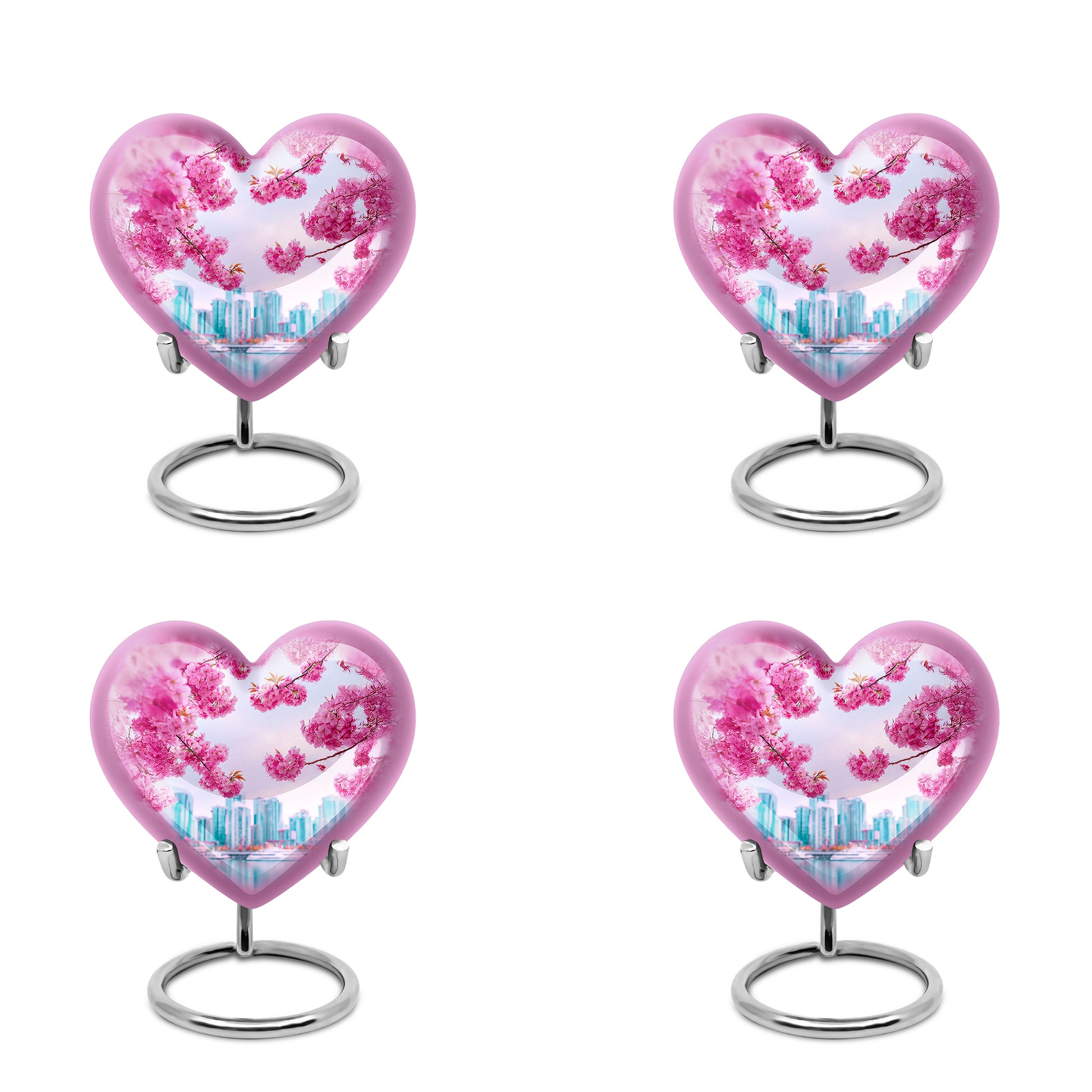 Soft Pink Cherry Blossom Cremation Urn angled view of lid and engraved motif - romantic heart urn with cherry blossom motif on aluminum - 10 inch aluminum urn for cremated remains