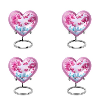 Soft Pink Cherry Blossom Cremation Urn angled view of lid and engraved motif - romantic heart urn with cherry blossom motif on aluminum - 10 inch aluminum urn for cremated remains