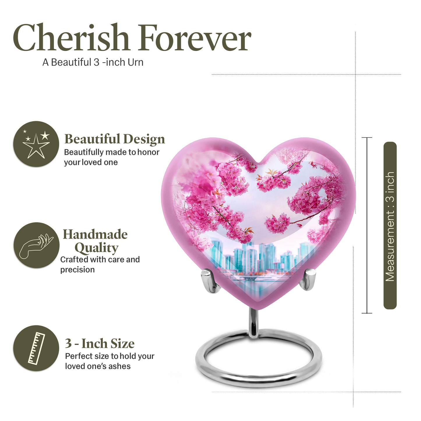 Soft Pink Cherry Blossom Cremation Urn front view showing detailed design - compassionate heart-cherry blossom combination with gentle curves - mini keepsake memorial for portion of cremation ashes