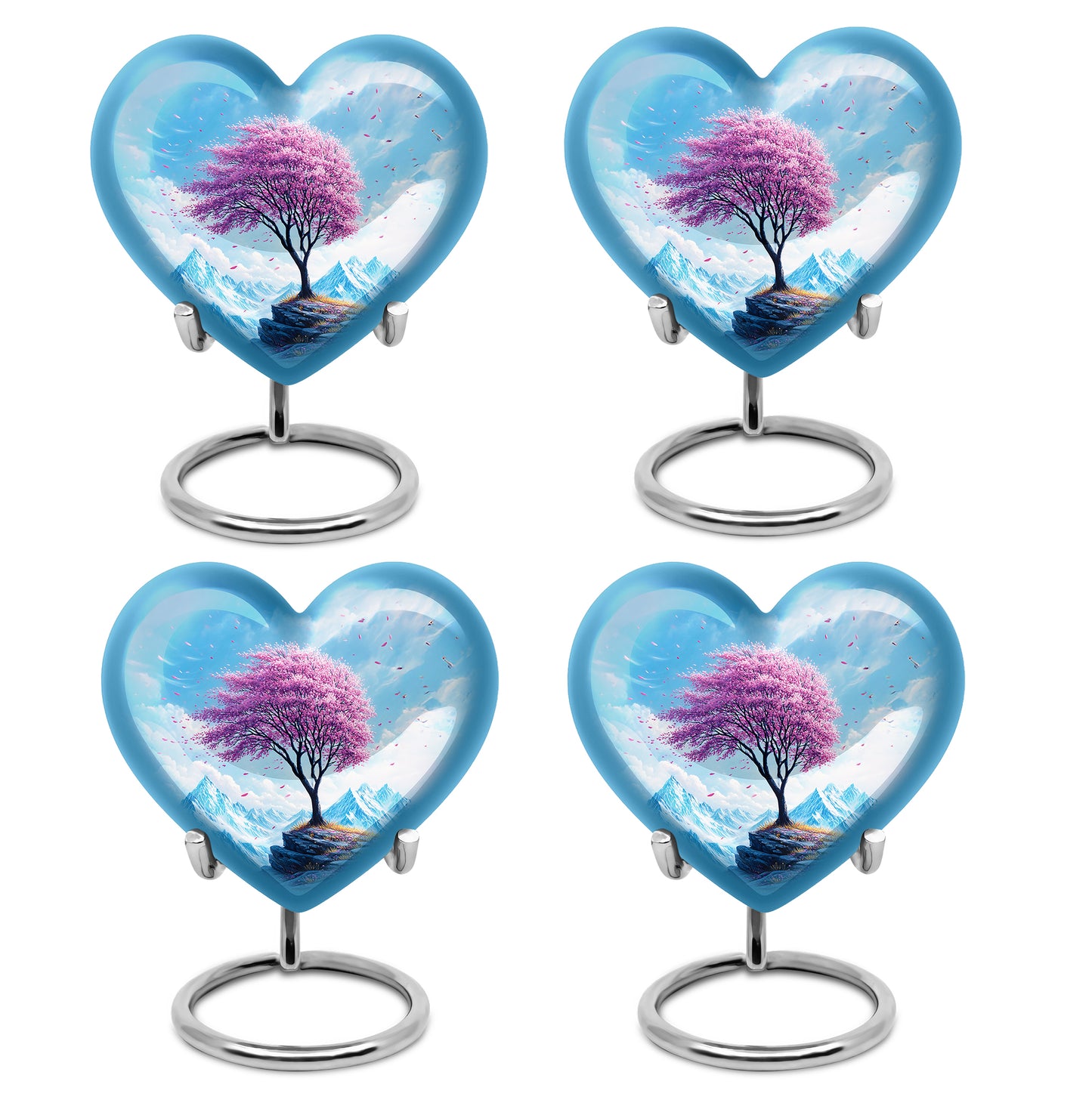 Celestial Blue Cherry Blossom Cremation Urn angled view of lid and engraved motif - heart-shaped cherry blossom design symbolizing eternal love - 10 inch aluminum urn for cremated remains