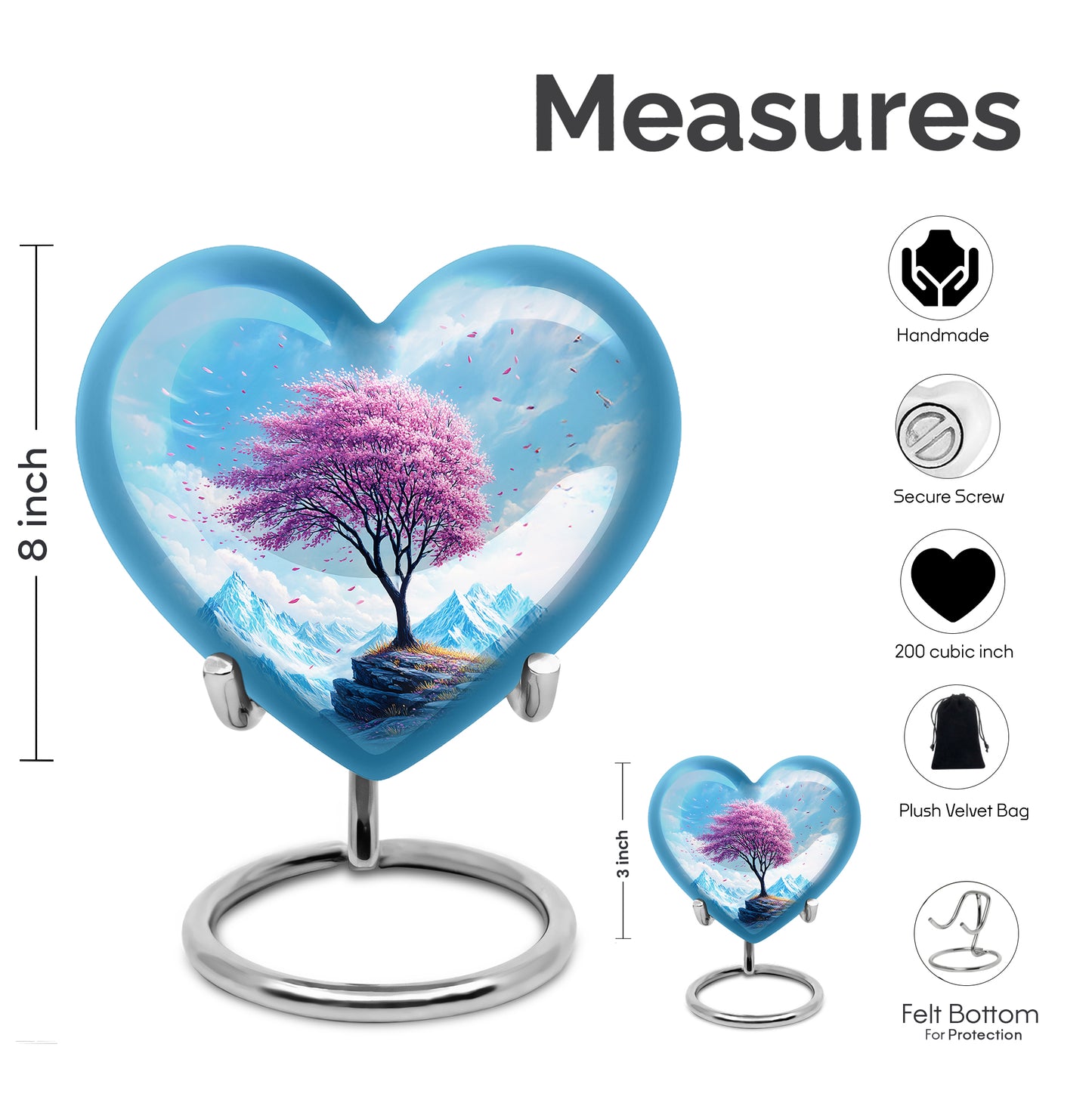 Steel Blue Cherry Blossom Cremation Urn front view showing detailed design - romantic heart urn with cherry blossom motif on aluminum - mini keepsake memorial for portion of cremation ashes