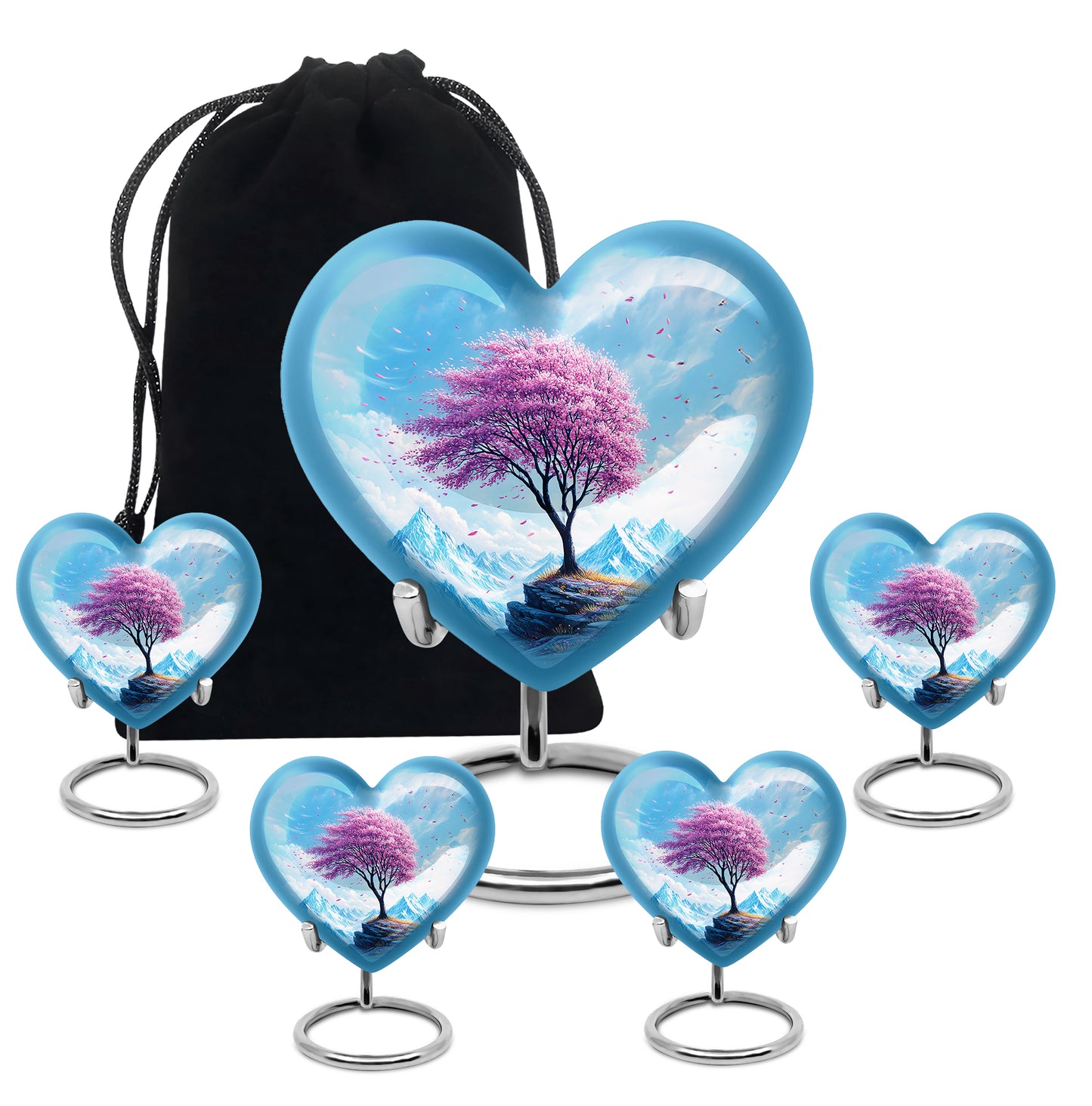 Cool Teal Cherry Blossom Cremation Urn close-up of engraving and surface detail - loving heart memorial featuring cherry blossom pattern - memorial set with one large and four small urns