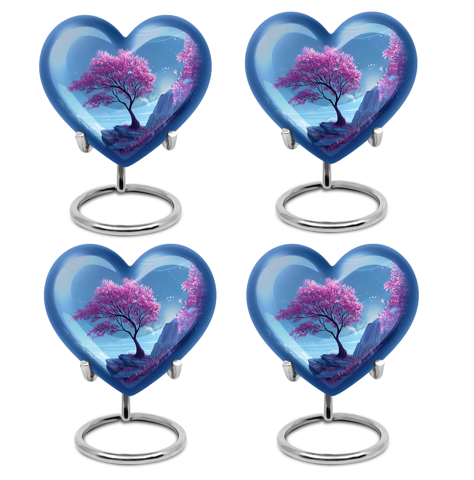 Bright Blue Cherry Blossom Cremation Urn angled view of lid and engraved motif - romantic heart urn with cherry blossom motif on aluminum - 10 inch aluminum urn for cremated remains