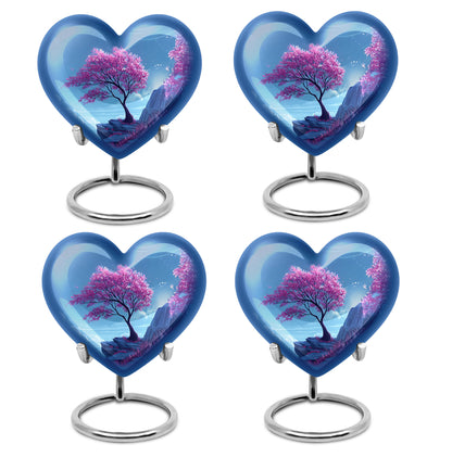 Bright Blue Cherry Blossom Cremation Urn angled view of lid and engraved motif - romantic heart urn with cherry blossom motif on aluminum - 10 inch aluminum urn for cremated remains