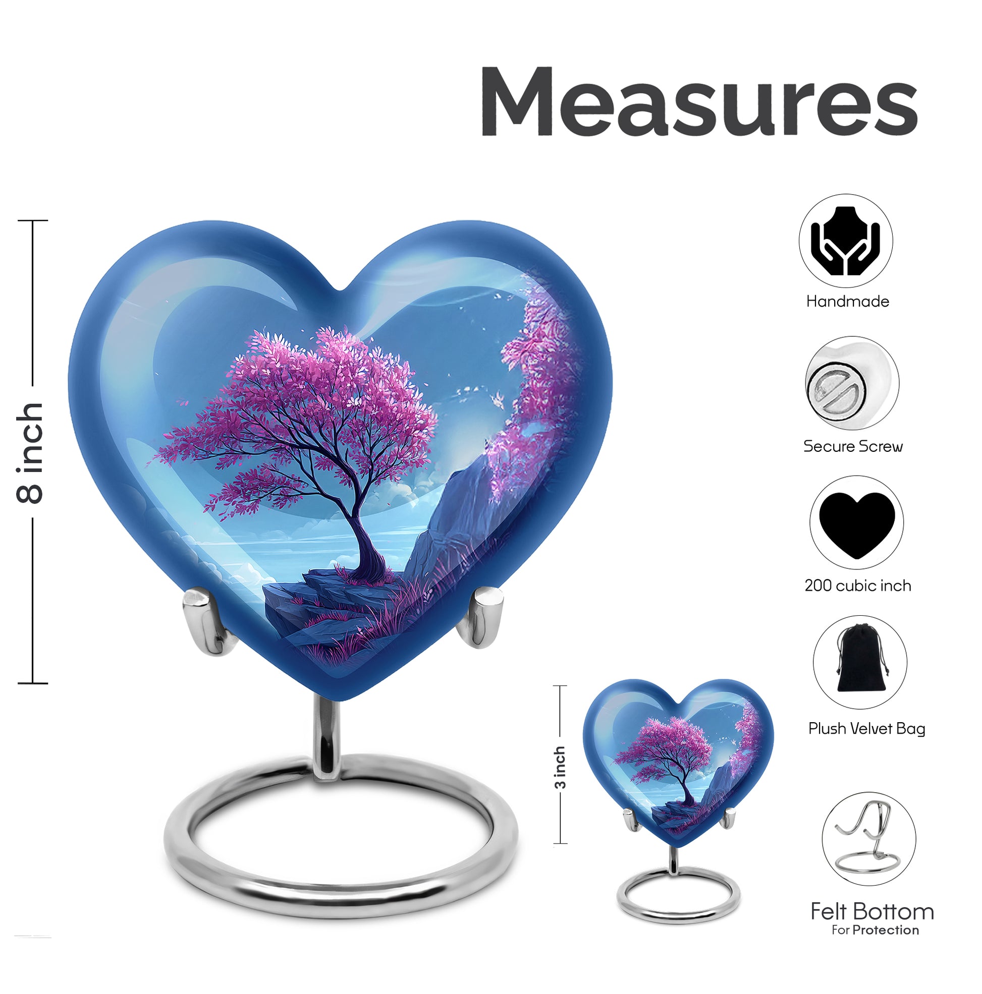 Icy Blue Cherry Blossom Cremation Urn front view showing detailed design - loving heart memorial featuring cherry blossom pattern - mini keepsake memorial for portion of cremation ashes