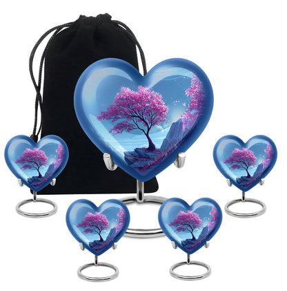 Indigo Cherry Blossom Cremation Urn close-up of engraving and surface detail - loving heart memorial featuring cherry blossom pattern - memorial set with one large and four small urns