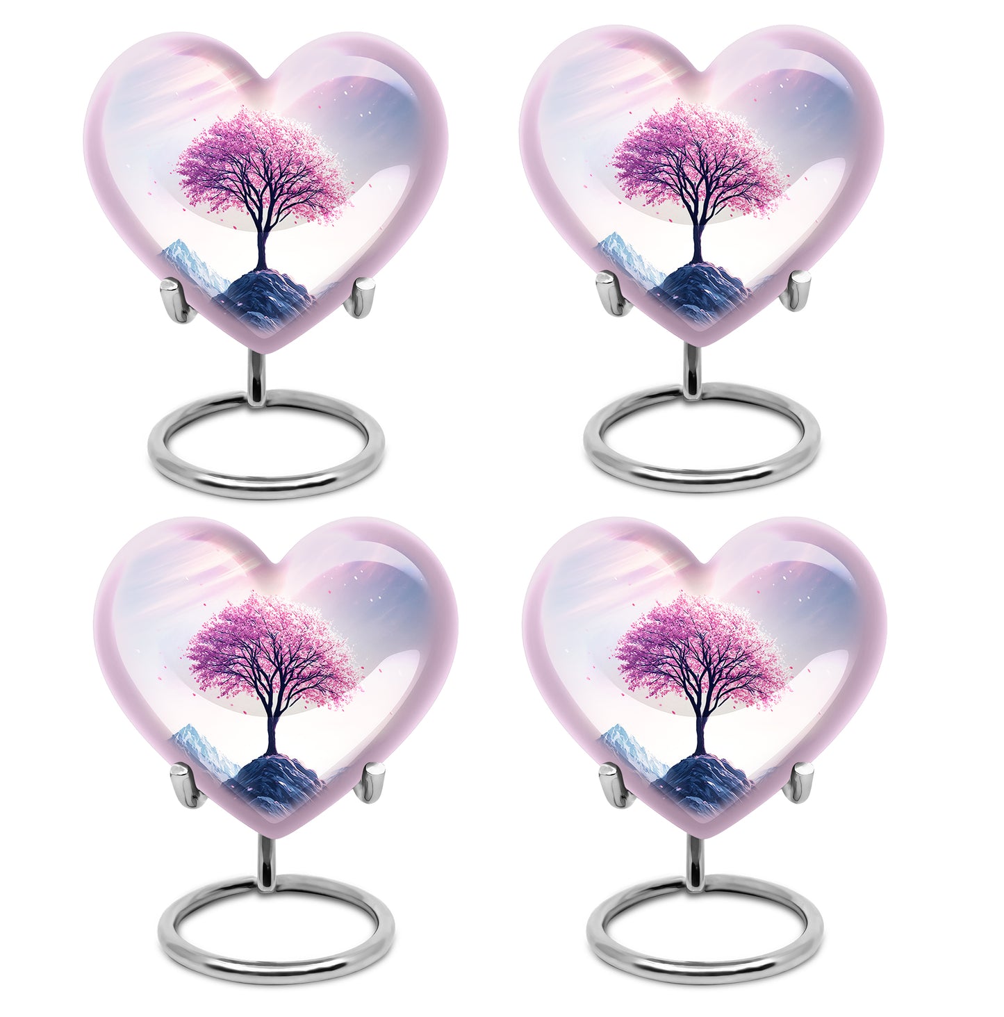 Blush Pink Cherry Blossom Cremation Urn angled view of lid and engraved motif - heart-shaped cherry blossom design symbolizing eternal love - 10 inch aluminum urn for cremated remains