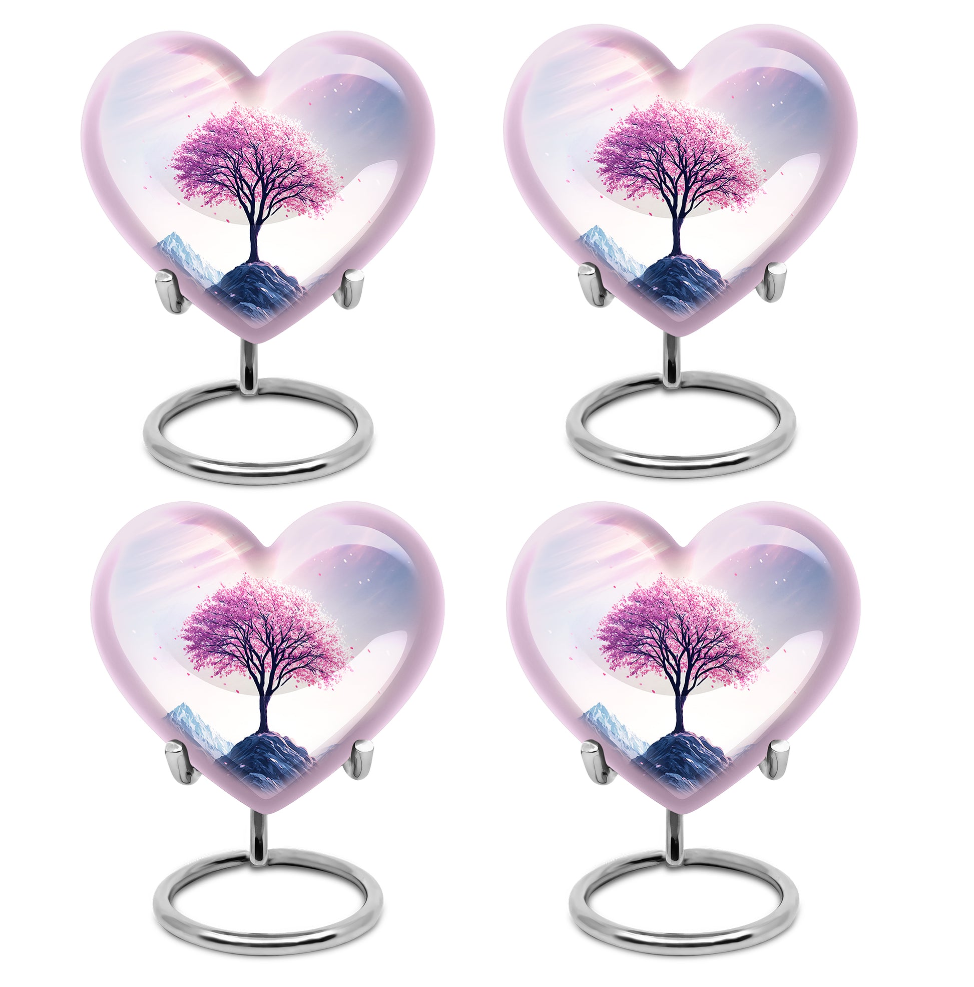 Blush Pink Cherry Blossom Cremation Urn angled view of lid and engraved motif - heart-shaped cherry blossom design symbolizing eternal love - 10 inch aluminum urn for cremated remains