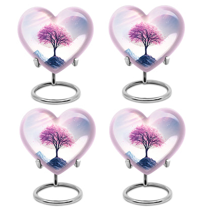 Blush Pink Cherry Blossom Cremation Urn angled view of lid and engraved motif - heart-shaped cherry blossom design symbolizing eternal love - 10 inch aluminum urn for cremated remains