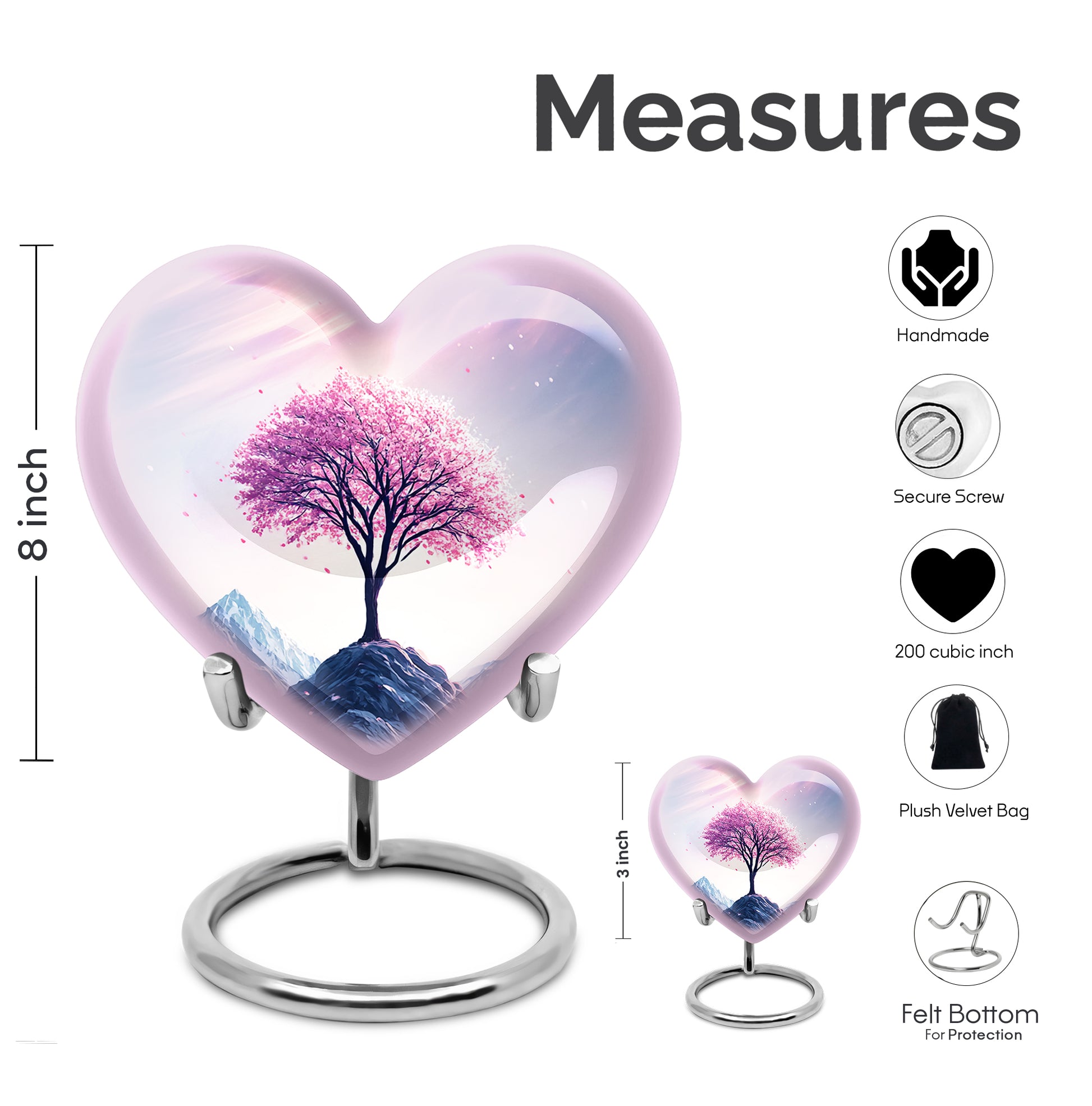 Blush Pink Cherry Blossom Cremation Urn front view showing detailed design - heart-shaped cherry blossom design symbolizing eternal love - mini keepsake memorial for portion of cremation ashes