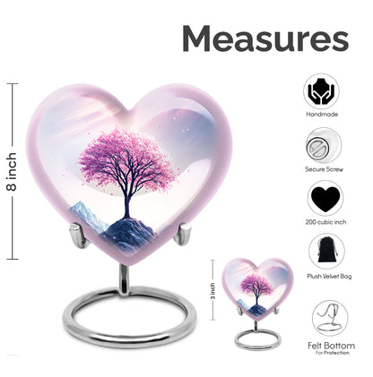 Blush Pink Cherry Blossom Cremation Urn front view showing detailed design - heart-shaped cherry blossom design symbolizing eternal love - mini keepsake memorial for portion of cremation ashes