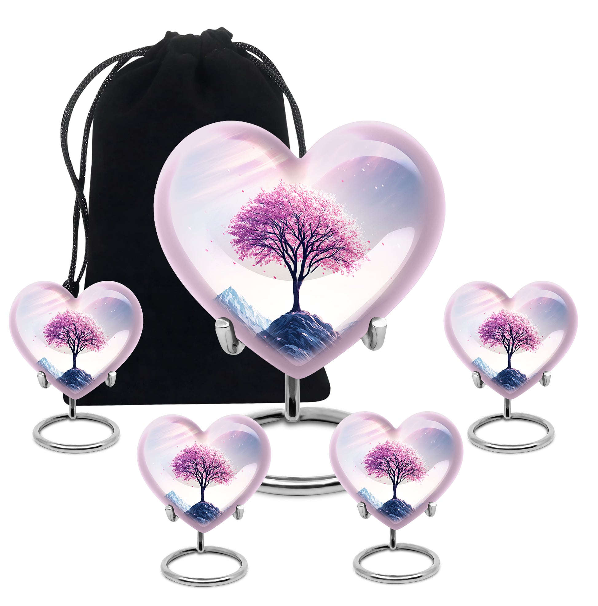 Salmon Pink Cherry Blossom Cremation Urn close-up of engraving and surface detail - compassionate heart-cherry blossom combination with gentle curves - memorial set with one large and four small urns