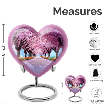 Coral Pink Cherry Blossom Cremation Urn front view showing detailed design - loving heart memorial featuring cherry blossom pattern - mini keepsake memorial for portion of cremation ashes