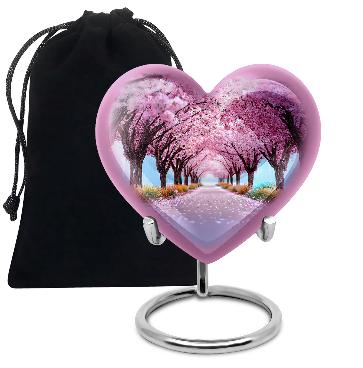 Soft Pink Cherry Blossom Cremation Urn detail view - compassionate heart-cherry blossom combination with gentle curves - full-size 10 inch 200 cubic inch adult cremation urn