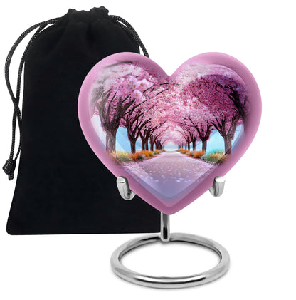 Soft Pink Cherry Blossom Cremation Urn detail view - compassionate heart-cherry blossom combination with gentle curves - full-size 10 inch 200 cubic inch adult cremation urn