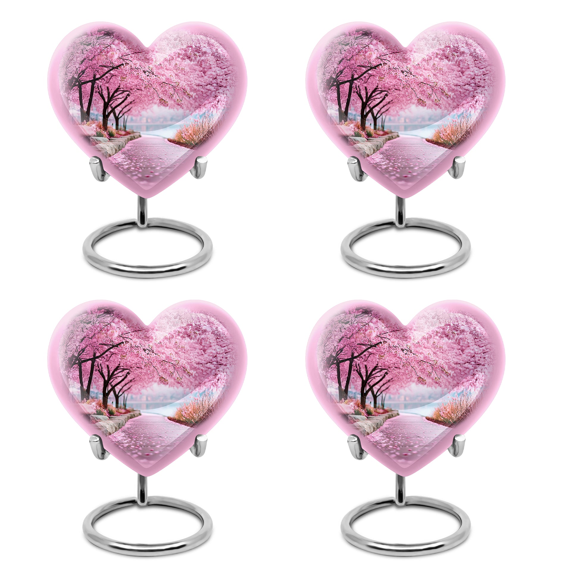Salmon Pink Cherry Blossom Cremation Urn angled view of lid and engraved motif - compassionate heart-cherry blossom combination with gentle curves - 10 inch aluminum urn for cremated remains