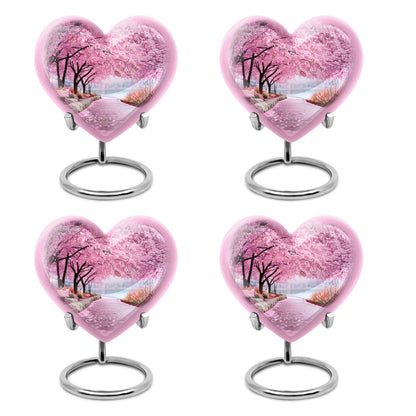 Salmon Pink Cherry Blossom Cremation Urn angled view of lid and engraved motif - compassionate heart-cherry blossom combination with gentle curves - 10 inch aluminum urn for cremated remains