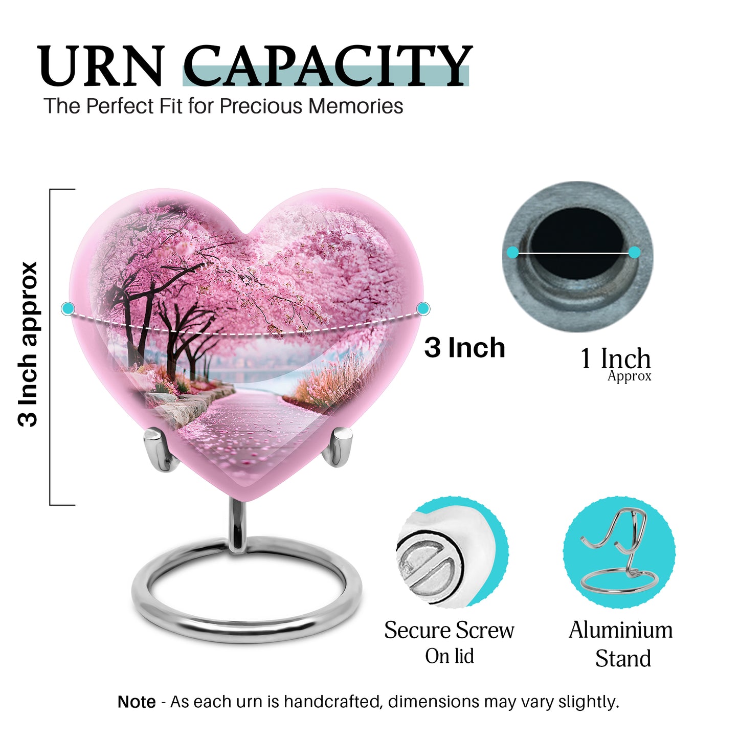 Coral Pink Cherry Blossom Cremation Urn front view showing detailed design - loving heart memorial featuring cherry blossom pattern - mini keepsake memorial for portion of cremation ashes
