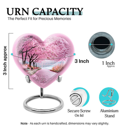 Coral Pink Cherry Blossom Cremation Urn front view showing detailed design - loving heart memorial featuring cherry blossom pattern - mini keepsake memorial for portion of cremation ashes