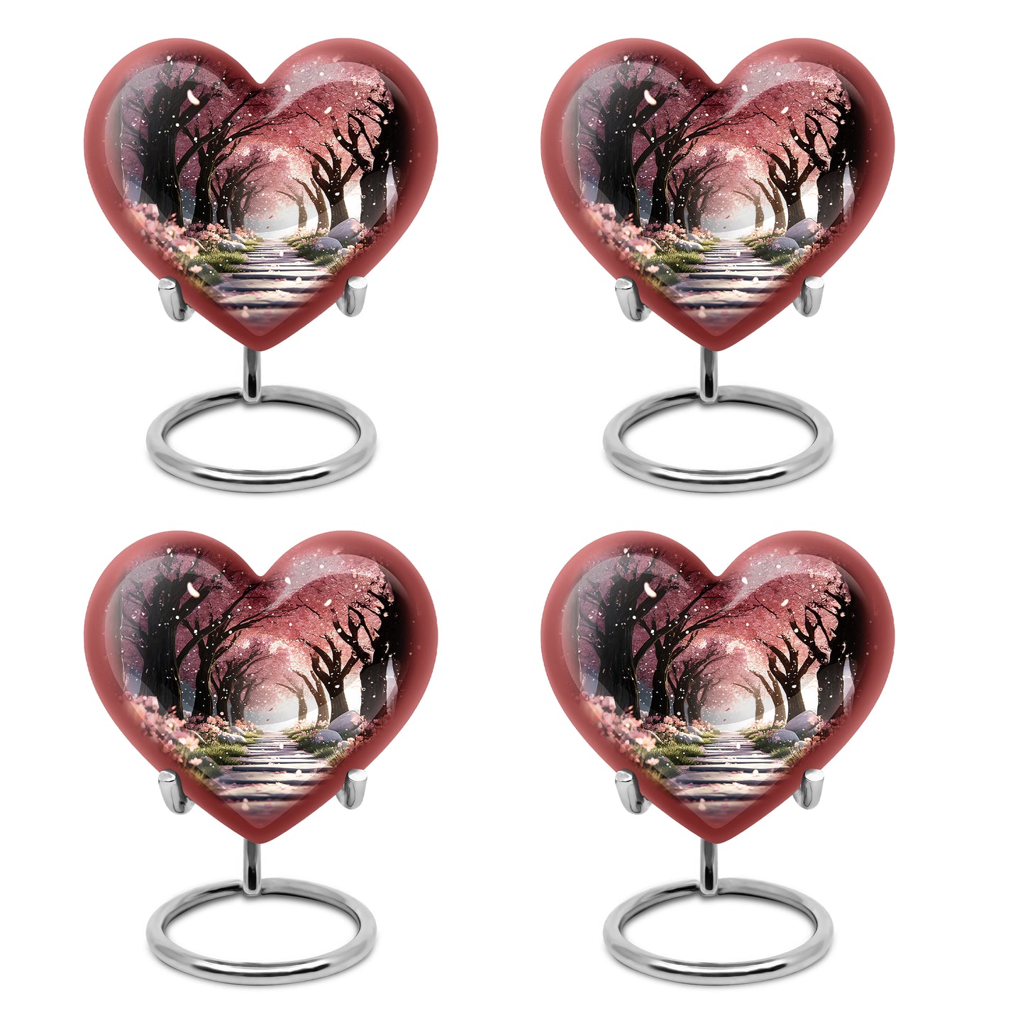 Burgundy Red Cherry Blossom Cremation Urn angled view of lid and engraved motif - loving heart memorial featuring cherry blossom pattern - 10 inch aluminum urn for cremated remains