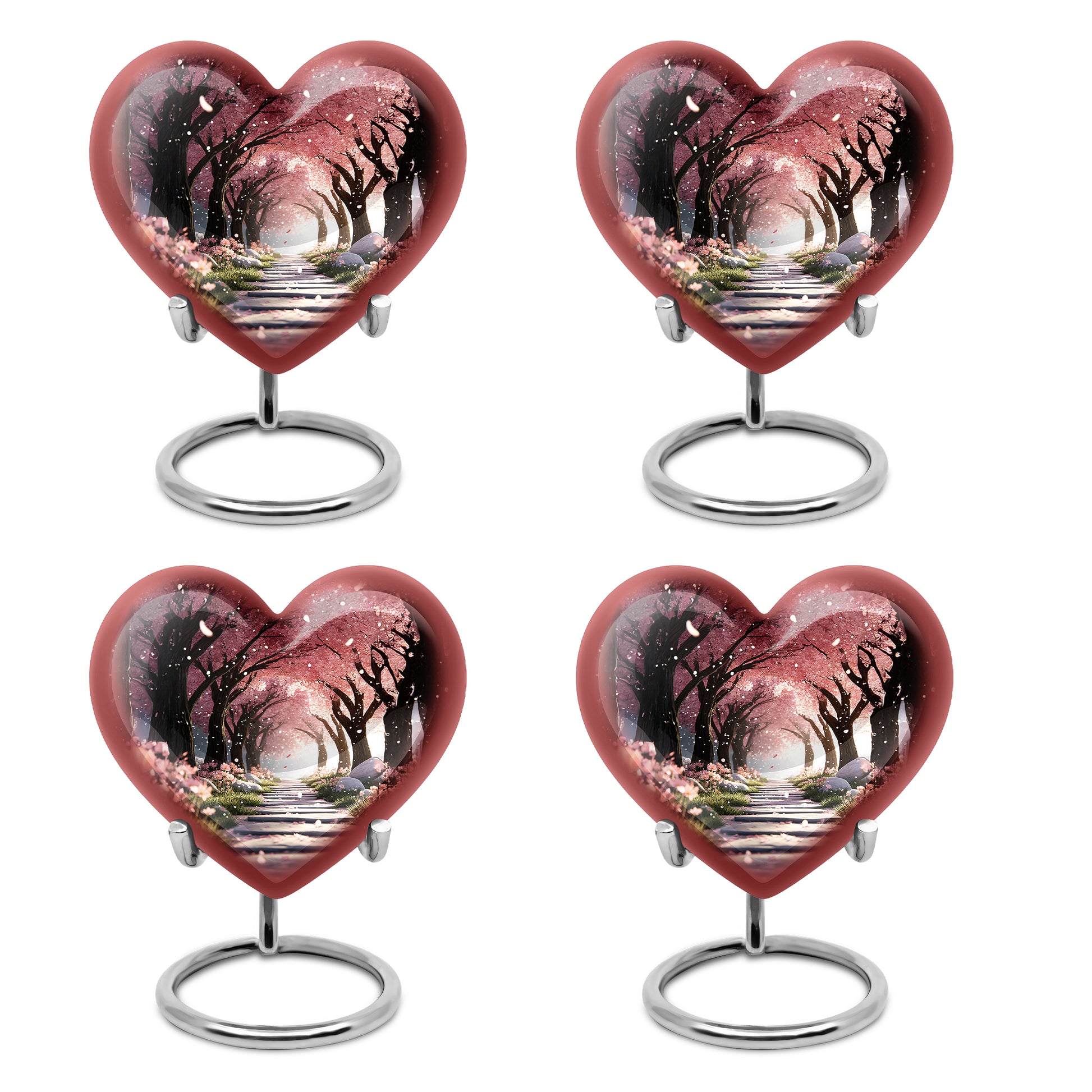 Burgundy Red Cherry Blossom Cremation Urn angled view of lid and engraved motif - loving heart memorial featuring cherry blossom pattern - 10 inch aluminum urn for cremated remains