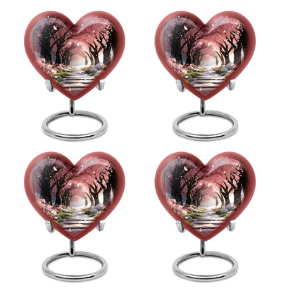 Burgundy Red Cherry Blossom Cremation Urn angled view of lid and engraved motif - loving heart memorial featuring cherry blossom pattern - 10 inch aluminum urn for cremated remains