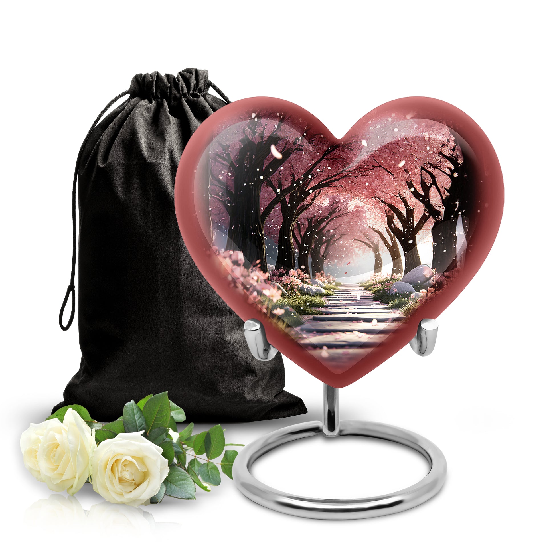 Scarlet Red Cherry Blossom Cremation Urn detail view - compassionate heart-cherry blossom combination with gentle curves - full-size 10 inch 200 cubic inch adult cremation urn