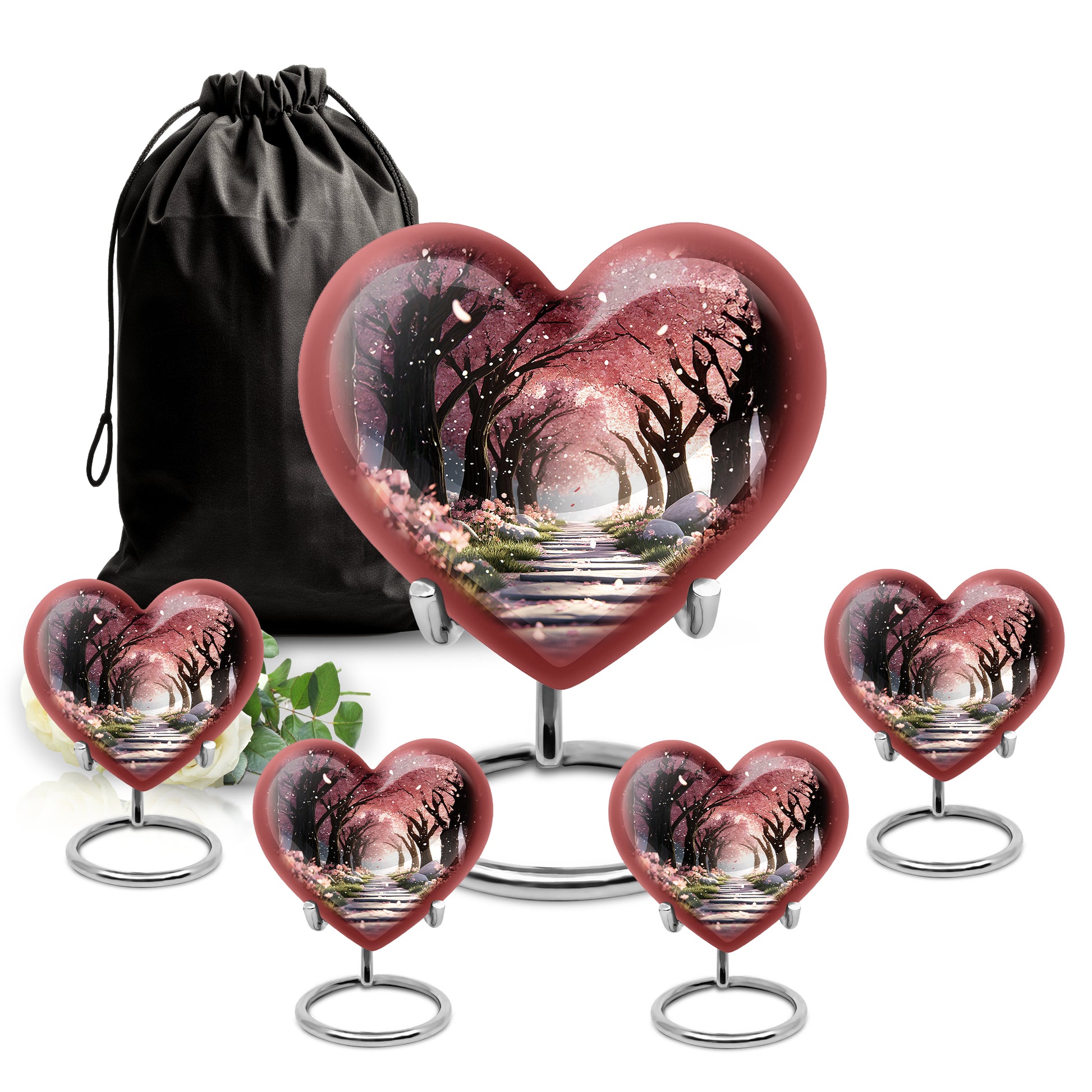 Wine Red Cherry Blossom Cremation Urn close-up of engraving and surface detail - loving heart memorial featuring cherry blossom pattern - memorial set with one large and four small urns