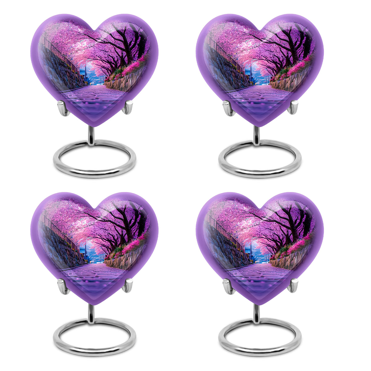 Grape Purple Cherry Blossom Cremation Urn angled view of lid and engraved motif - romantic heart urn with cherry blossom motif on aluminum - 10 inch aluminum urn for cremated remains