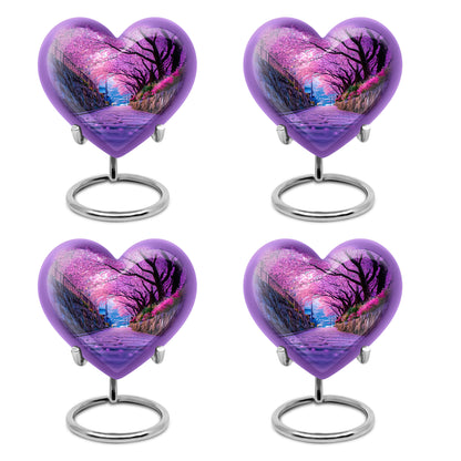 Grape Purple Cherry Blossom Cremation Urn angled view of lid and engraved motif - romantic heart urn with cherry blossom motif on aluminum - 10 inch aluminum urn for cremated remains