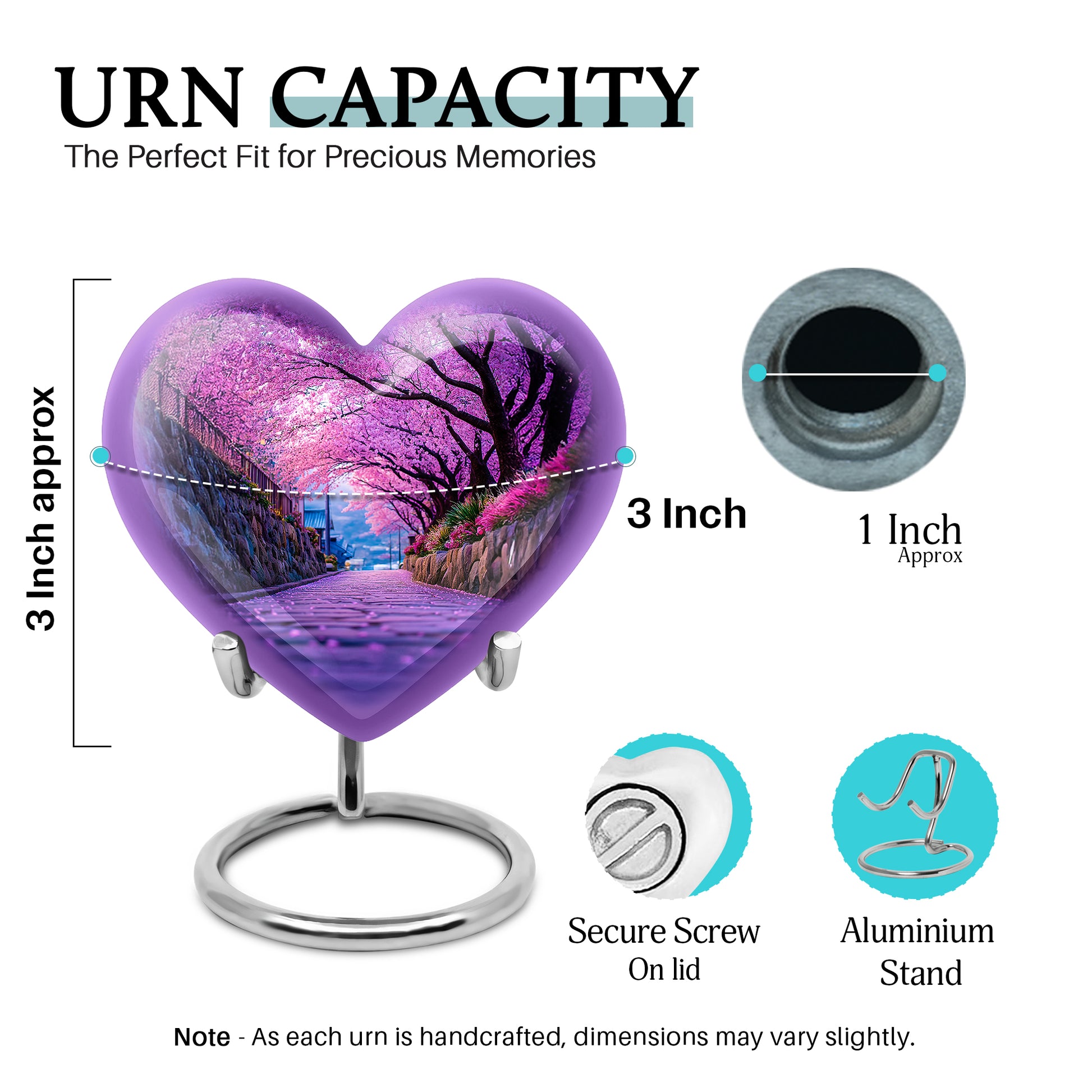 Lavender Purple Cherry Blossom Cremation Urn front view showing detailed design - romantic heart urn with cherry blossom motif on aluminum - mini keepsake memorial for portion of cremation ashes