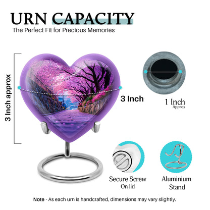 Lavender Purple Cherry Blossom Cremation Urn front view showing detailed design - romantic heart urn with cherry blossom motif on aluminum - mini keepsake memorial for portion of cremation ashes
