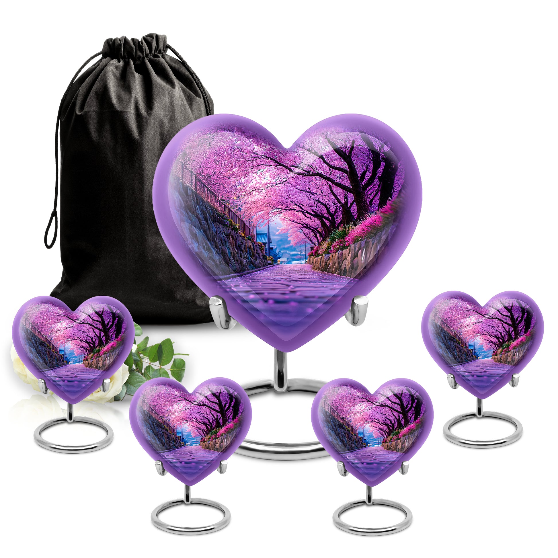 Majestic Purple Cherry Blossom Cremation Urn close-up of engraving and surface detail - heart-shaped cherry blossom design symbolizing eternal love - memorial set with one large and four small urns