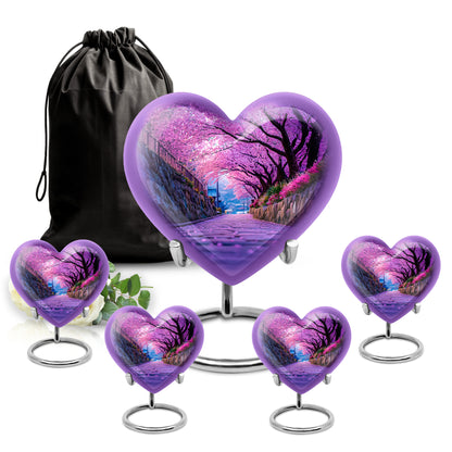 Majestic Purple Cherry Blossom Cremation Urn close-up of engraving and surface detail - heart-shaped cherry blossom design symbolizing eternal love - memorial set with one large and four small urns