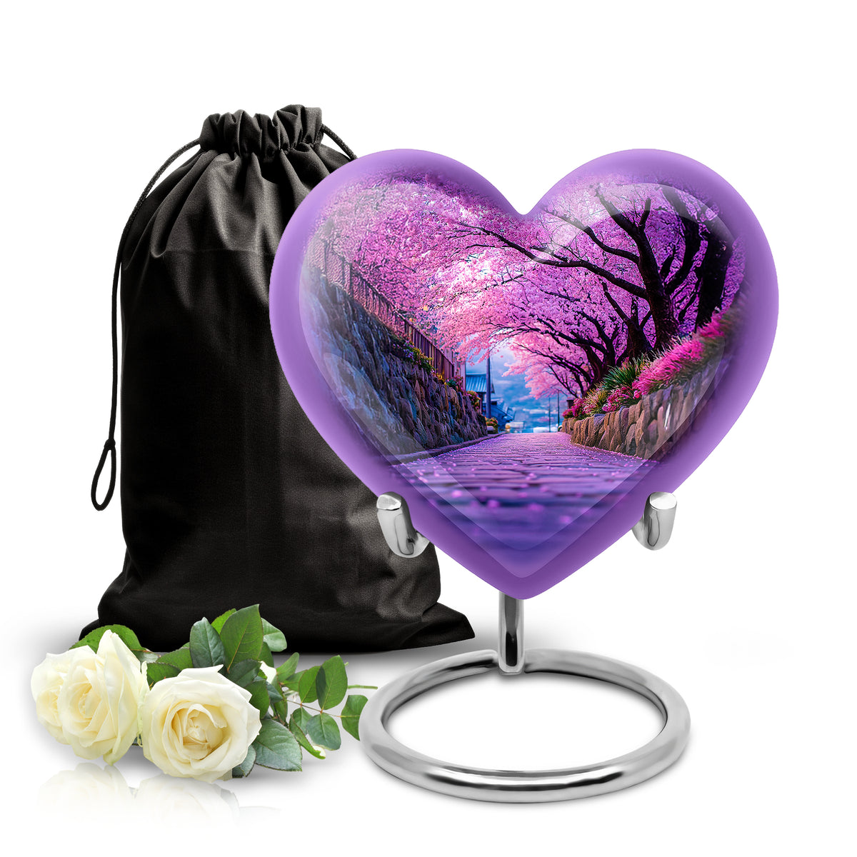 Plum Purple Cherry Blossom Cremation Urn detail view - heart-shaped cherry blossom design symbolizing eternal love - full-size 10 inch 200 cubic inch adult cremation urn