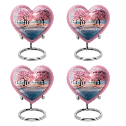 Sea Green Teal Cherry Blossom Cremation Urn angled view of lid and engraved motif - heart-shaped cherry blossom design symbolizing eternal love - 10 inch aluminum urn for cremated remains
