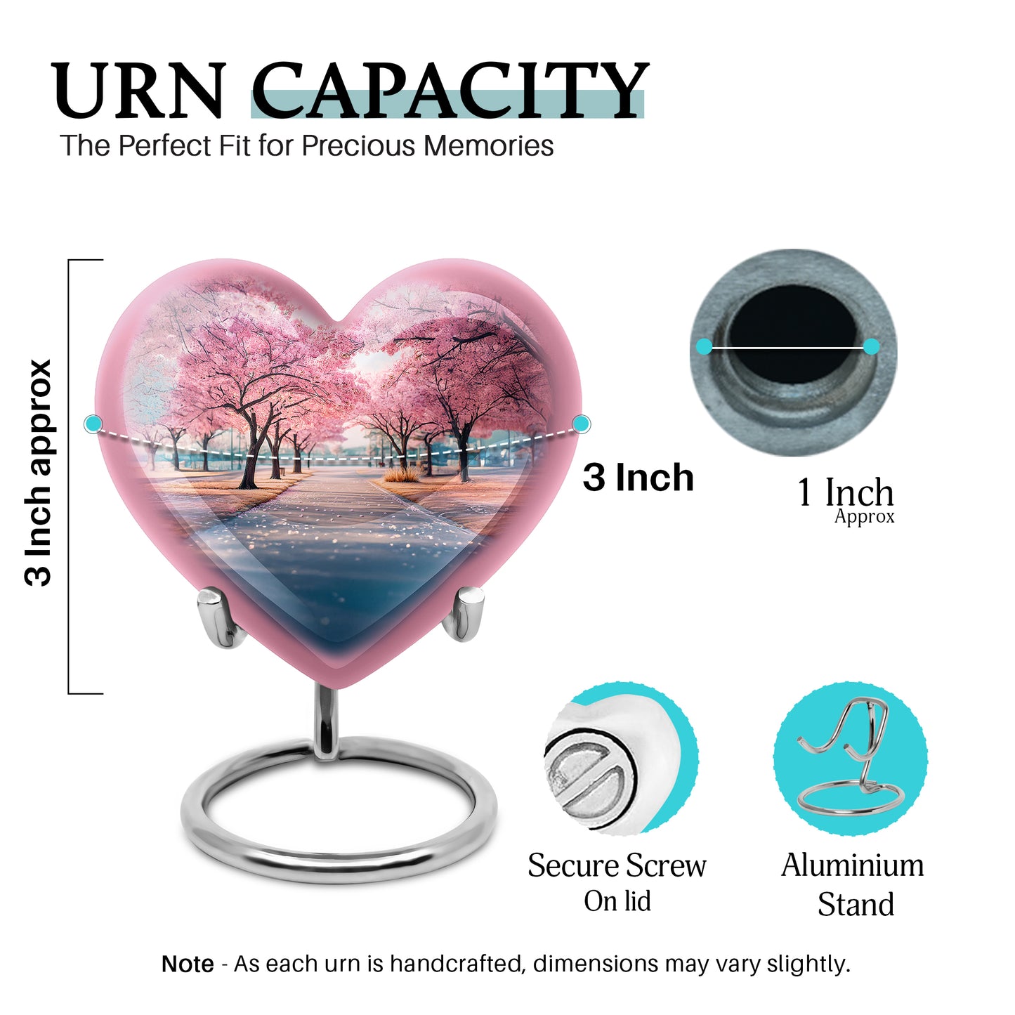 Vivid Teal Cherry Blossom Cremation Urn front view showing detailed design - compassionate heart-cherry blossom combination with gentle curves - mini keepsake memorial for portion of cremation ashes